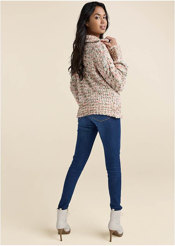 Full back view Popcorn Knit High Collar Sweater