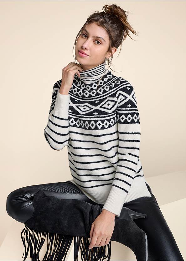 Fair Isle Turtleneck Sweater,5-Pocket Faux-Leather Pants,Ripped Skinny Jeans,Faux-Suede Fringe Boots,Hoop Detail Earrings,Perforated Handbag