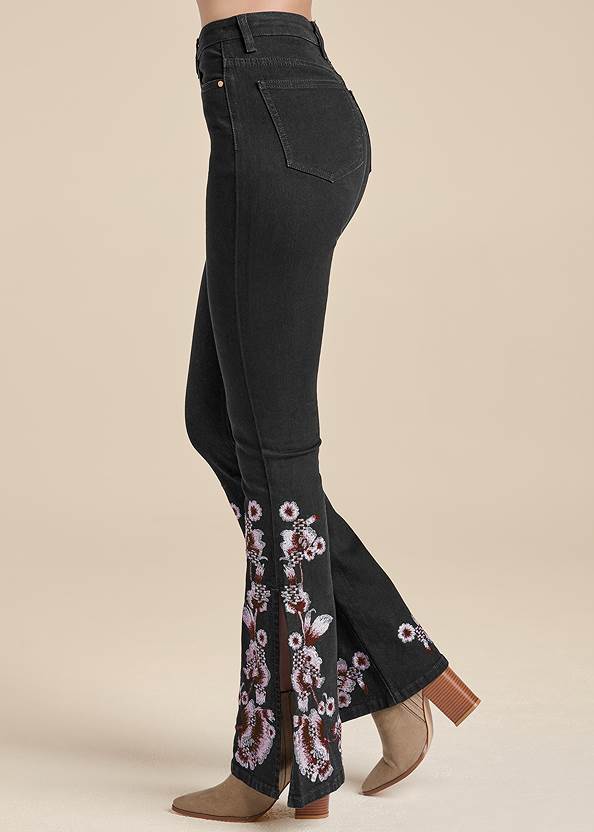 Waist down side view Slit Flare Floral Jeans