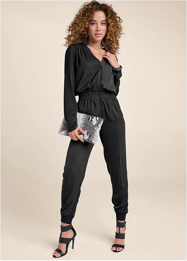 Smocked Jogger Jumpsuit,Multi Strap Open Toe Heels,T-Strap Heels,Mixed Earring Set,Layered Coin Detail Choker,Python Clutch