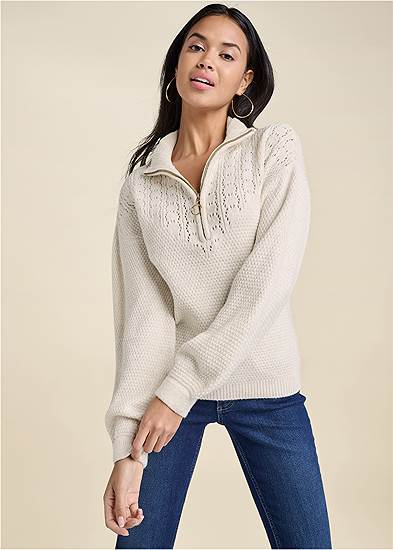 Plus Size Lace Detail Quarter Zip Sweater