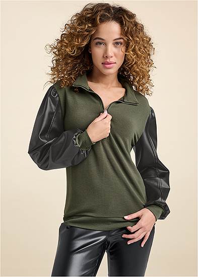 Faux-Leather Zip Sweatshirt