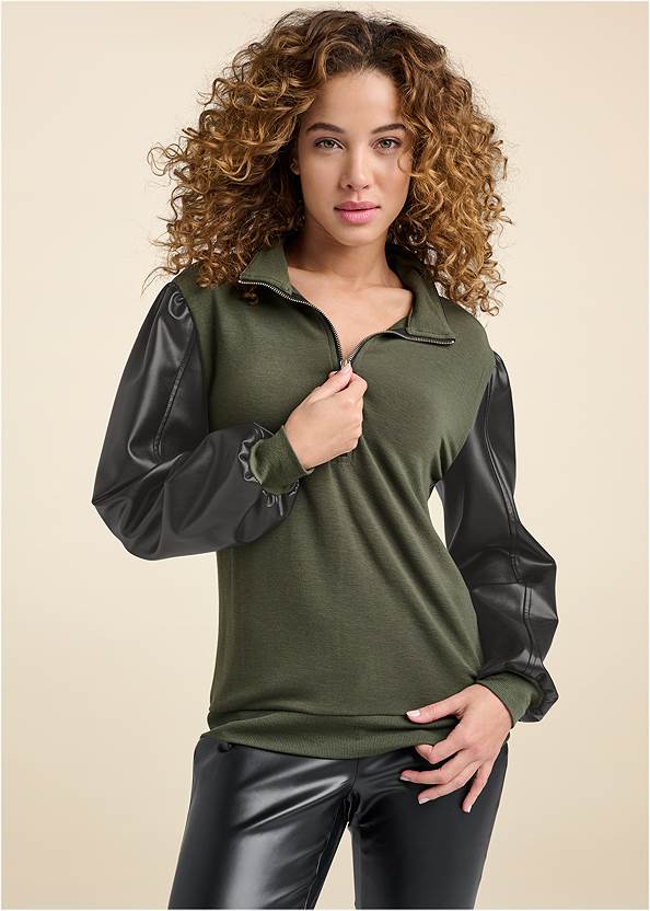 Cropped front view Faux-Leather Zip Sweatshirt