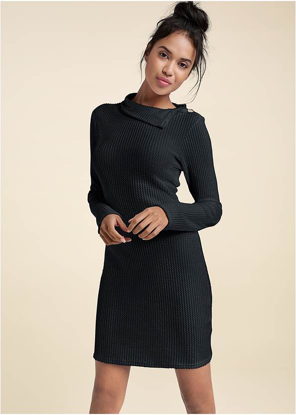 Cropped front view Brushed Waffle Mock Neck Dress