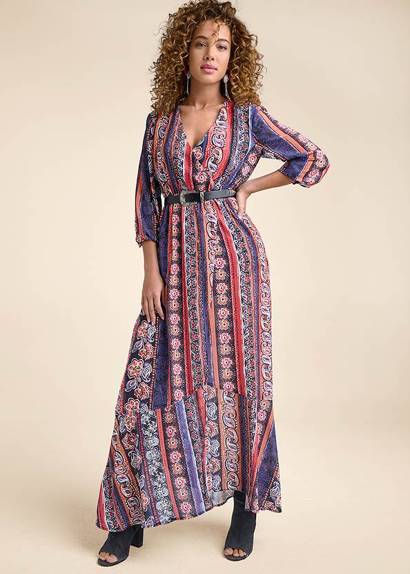 Full front view Printed Stripe Long Dress