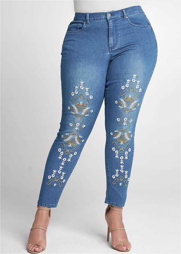 Cropped Front View Embroidered Skinny Jeans