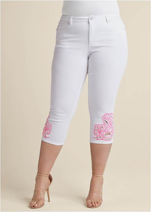 Cropped Front View Embroidered Trim Capris