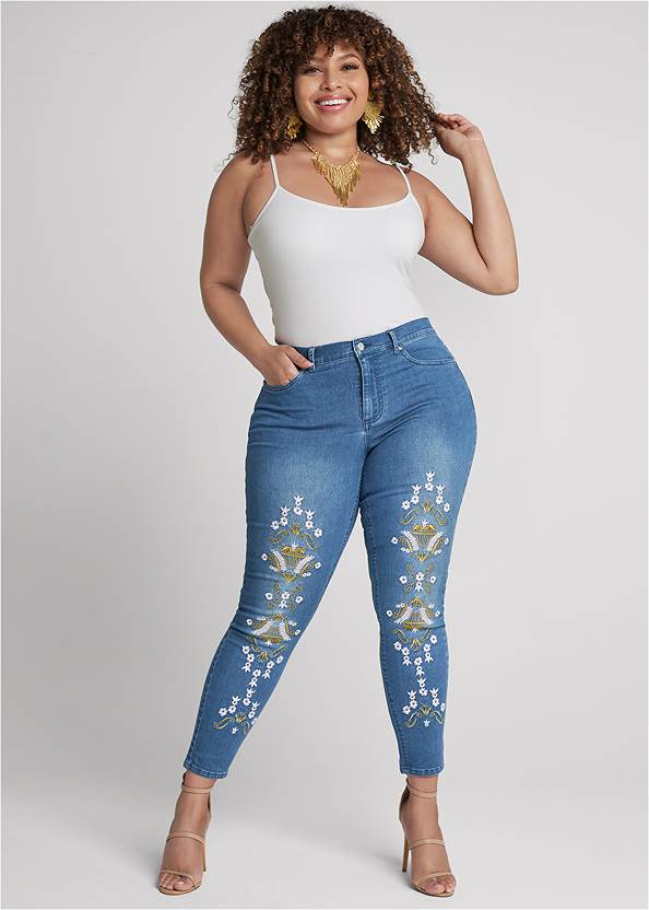 Embroidered Skinny Jeans,Basic Cami Two Pack,Casual Tee,High Heel Strappy Sandals