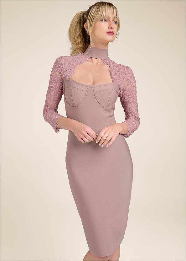 Cropped Front View Lace Sleeve Bandage Dress