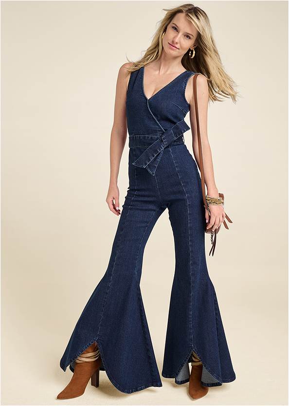 Flared Denim Jumpsuit,Western Buckle Wrap Boots,Slouchy Pointed Toe Booties,Two-Pack Hoop Earrings Set,Studded Round Crossbody