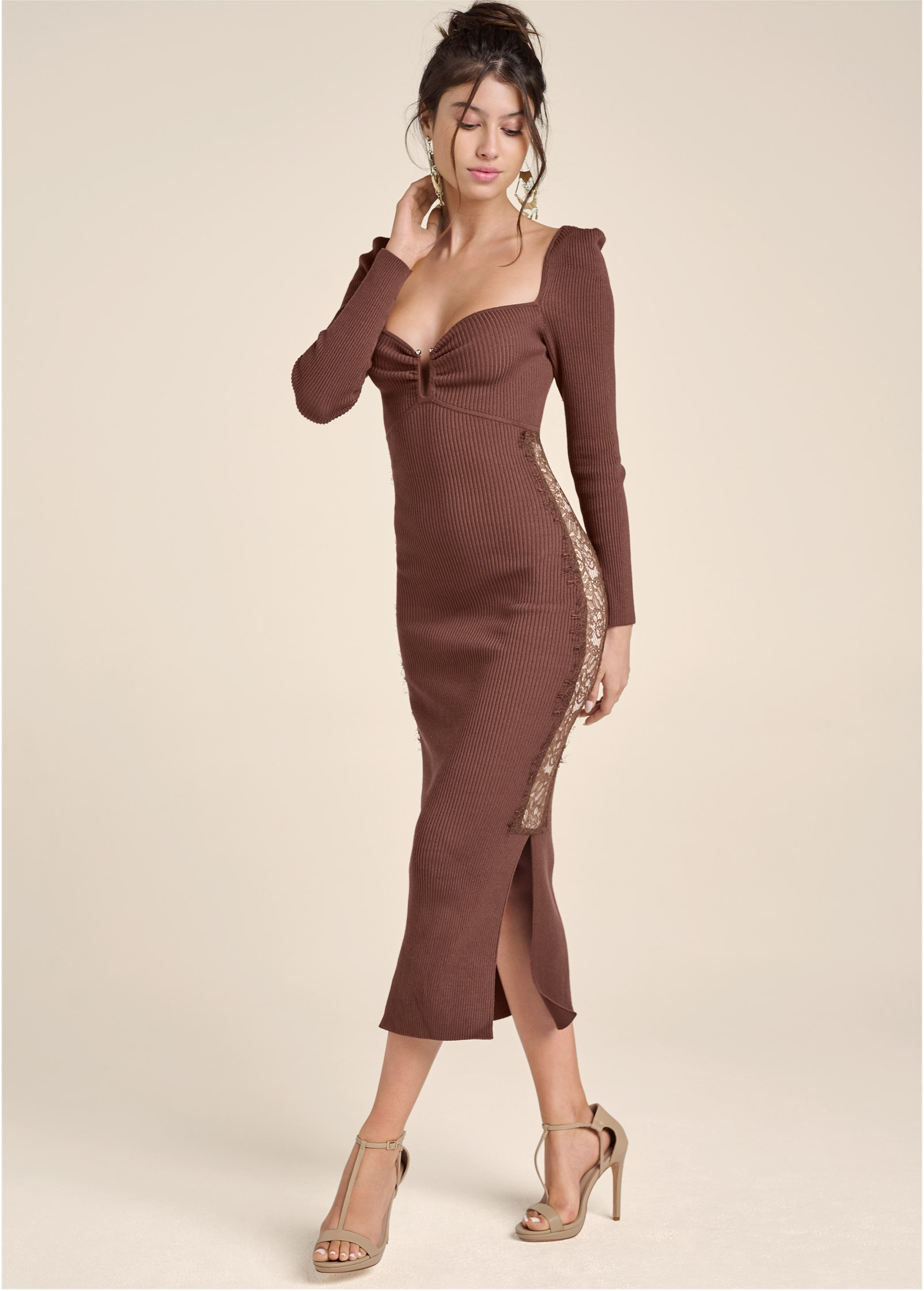 Lace Detail Sweater Dress in Brown | VENUS