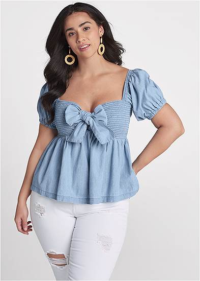 Plus Size Smocked Chambray Top