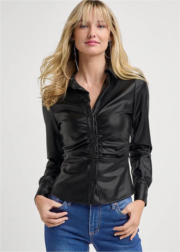 Cropped front view Faux-Leather Button-Up Top