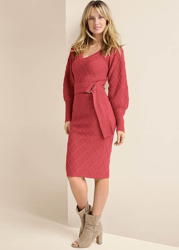 Belted Midi Sweater Dress,Whipstitch Peep Toe Booties