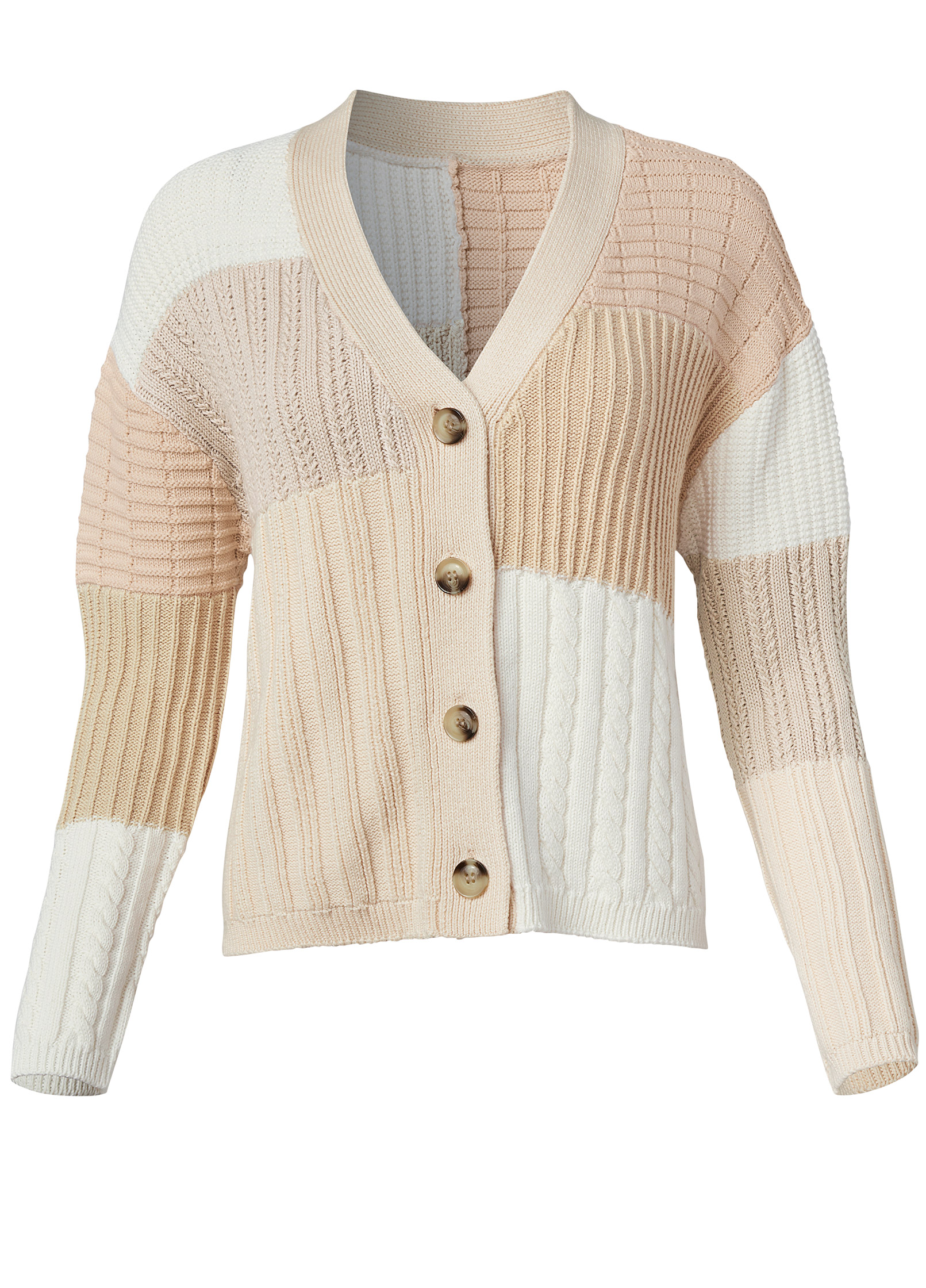 Patchwork Cable Knit Cardigan in Cream Multi | VENUS