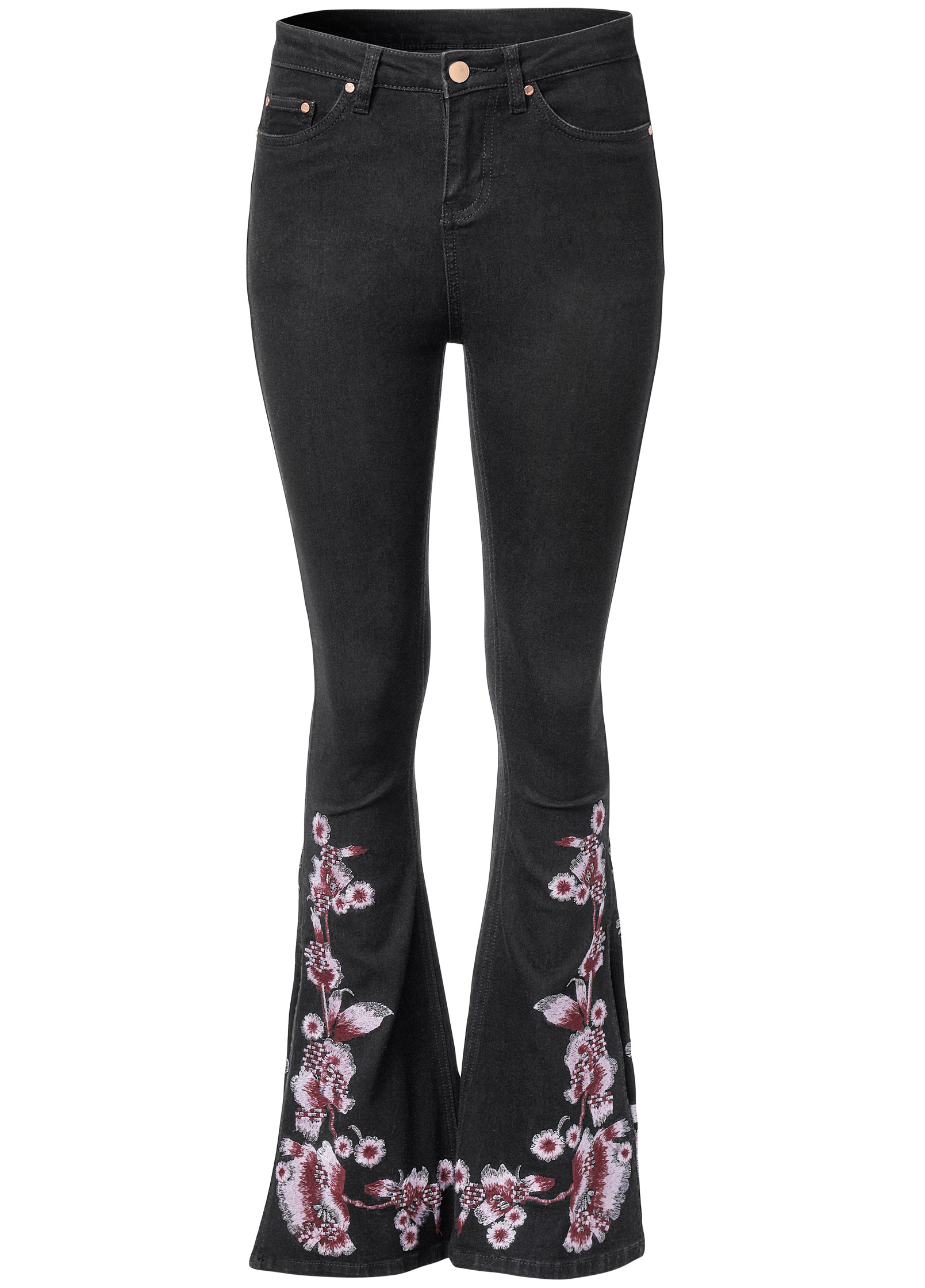 Slit Flare Floral Jeans in Black Denim - Denim | VENUS