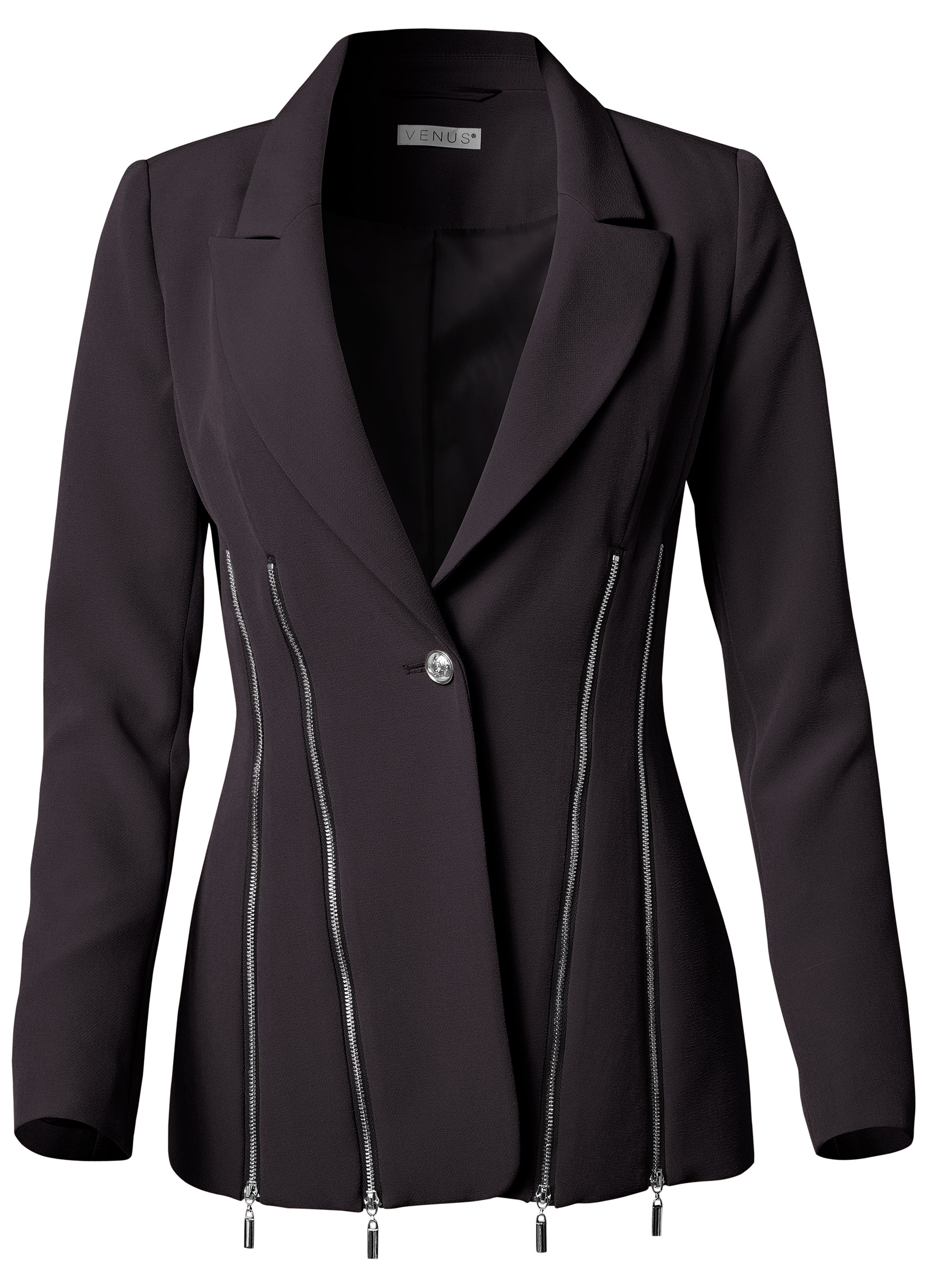 Zipper Detail Buttoned Blazer in Black | VENUS