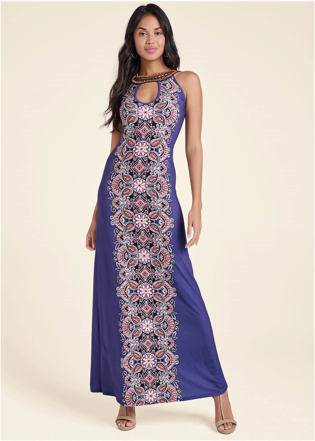 Beaded Print Dress in Blue Multi | VENUS