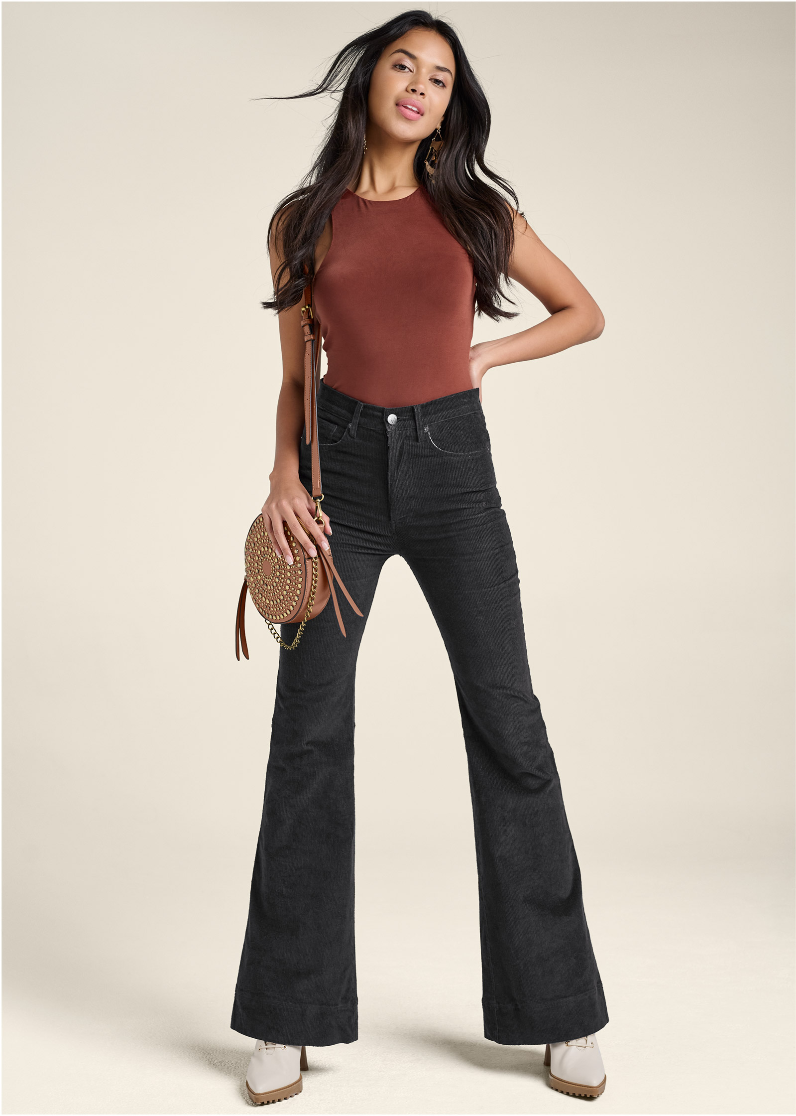 CORDUROY FLARED PANTS in Black | VENUS