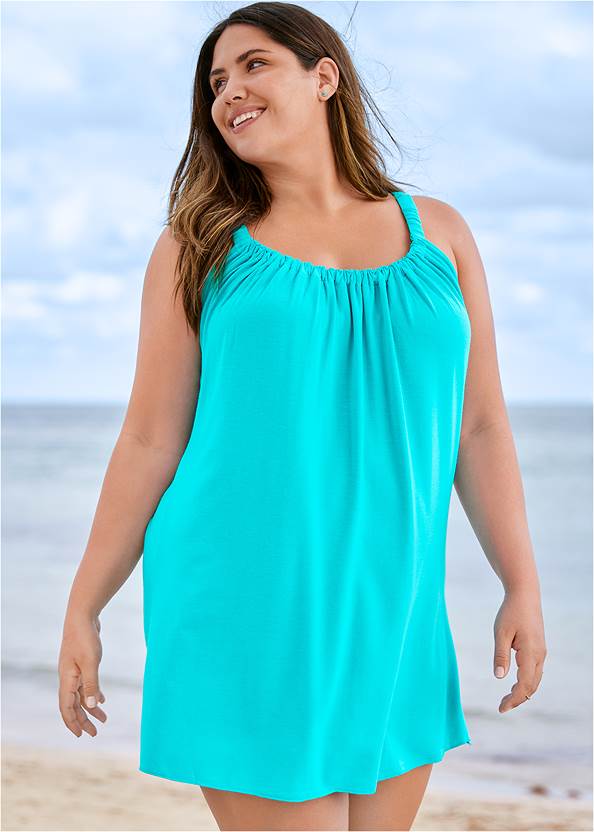 Gathered Neckline Cover-Up Dress,Marilyn Underwire Push-Up Halter Top,Lattice Side Bottom,Ruched One-Piece,Ring Front Dolman Cover-Up,Sequin And Straw Tote