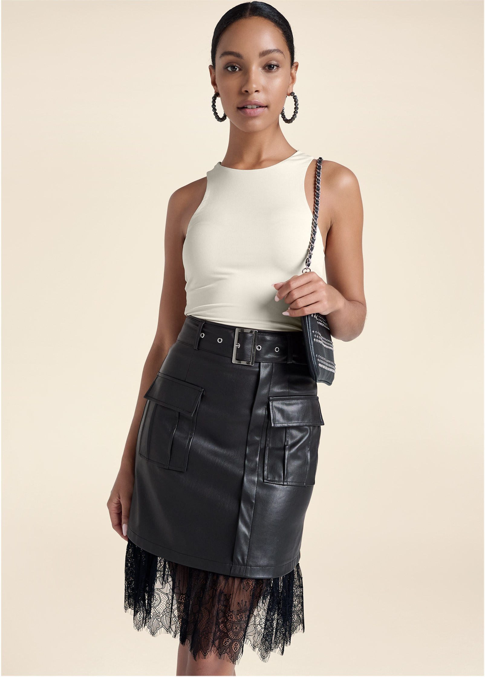 BELTED LACE FAUX LEATHER SKIRT in Black | VENUS