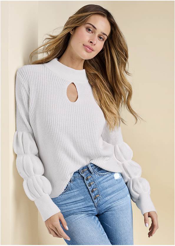 Cropped front view Keyhole Tiered Sleeve Sweater
