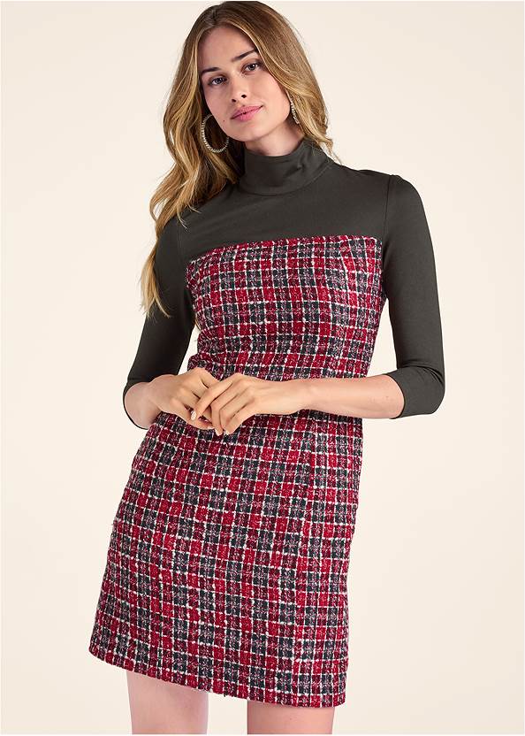 Mock-Neck Plaid Tweed Dress,Confidence Seamless Dress,Slouchy High Heel Bow Boots,Buckle Detail Booties,Sparkle Hoop Earrings,Quilted Chain Handbag