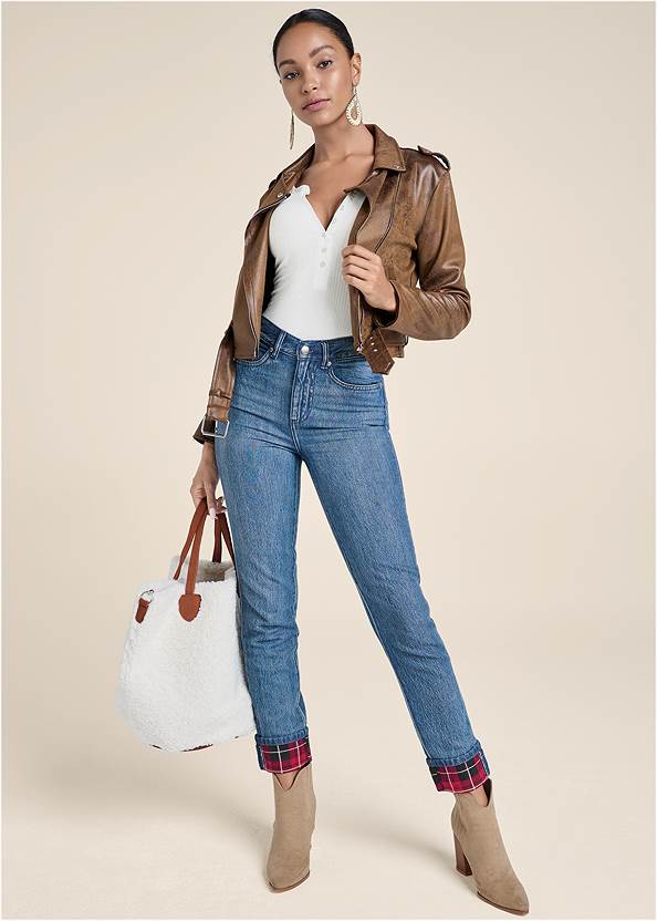 New Vintage Plaid Cuff Straight Leg Jeans,Ribbed Henley Top,Basic Cami Two Pack,Shape Embrace Ruched Bodysuit,Distressed Moto Jacket,Western Block Heel Booties,Sherpa Faux-Leather Bag