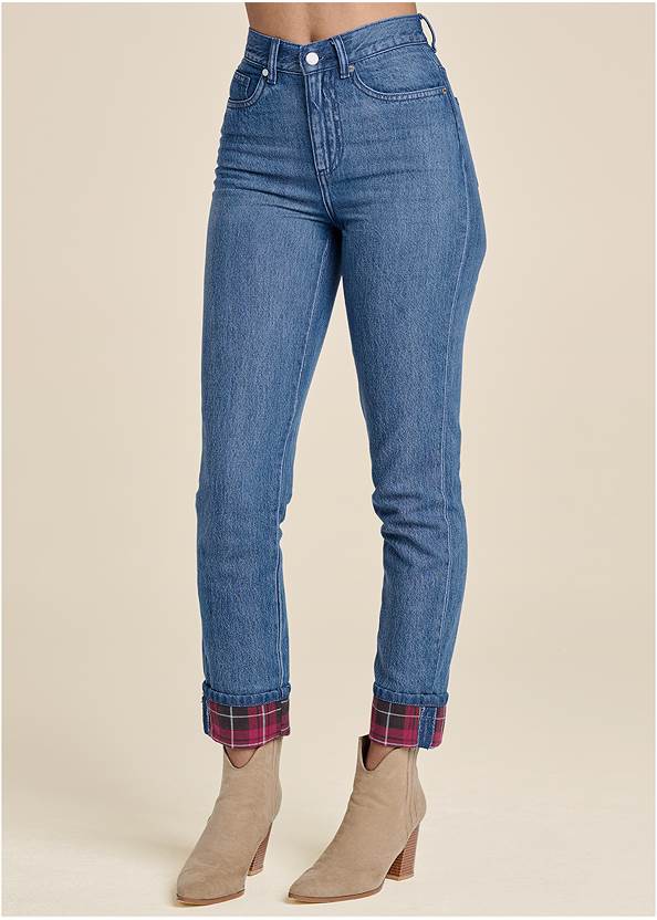 Waist down front view New Vintage Plaid Cuff Straight Leg Jeans