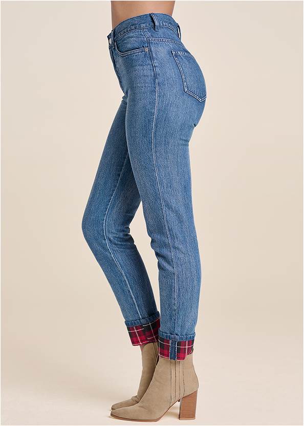 Waist down side view New Vintage Plaid Cuff Straight Leg Jeans