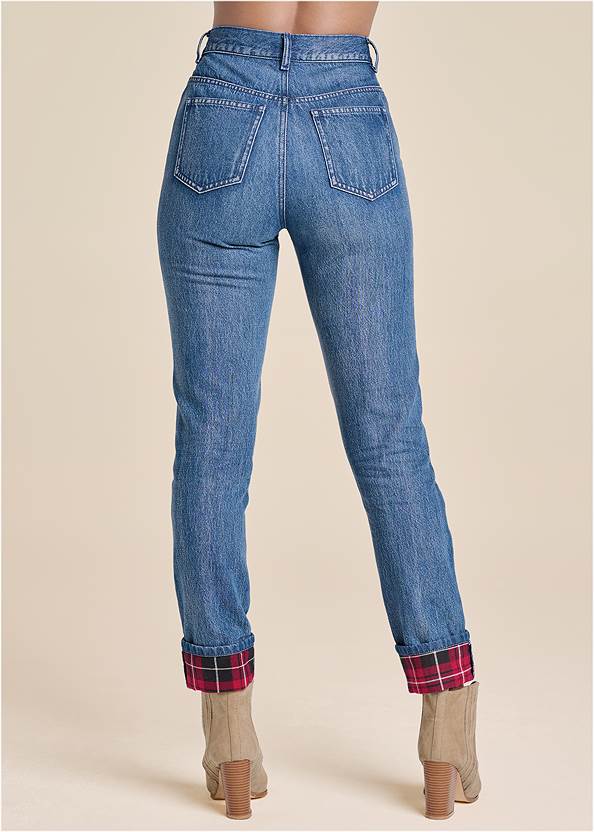 Waist down back view New Vintage Plaid Cuff Straight Leg Jeans