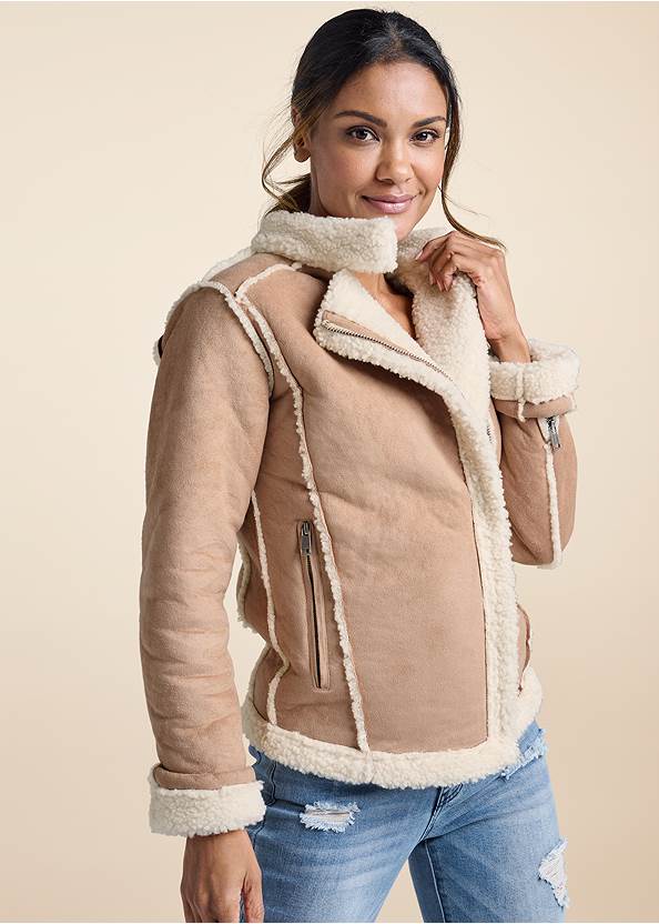 Front View Faux-Suede/Sherpa Moto Coat