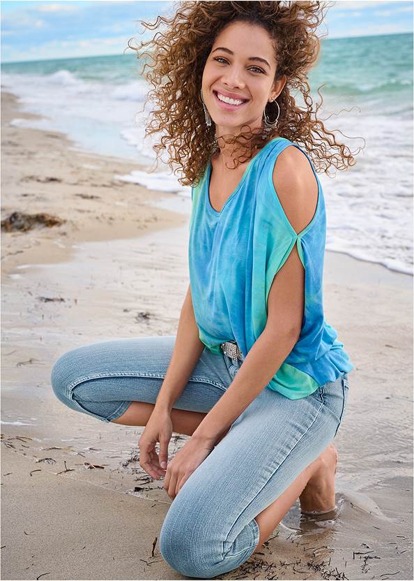 Tie Dye Cold-Shoulder Top,Color Capri Jeans,Frayed Cutoff Jean Shorts,Triangle Hem Jeans,High Heel Strappy Sandals,Beaded Fringe Earrings,Beaded Hoop Earrings,Sequin And Straw Tote