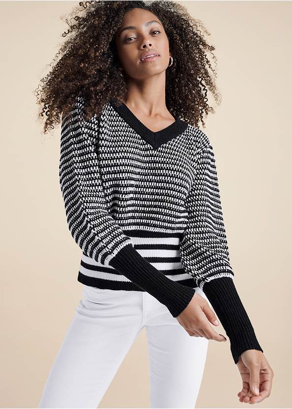 Cropped front view Cropped Stripe V-Neck Sweater