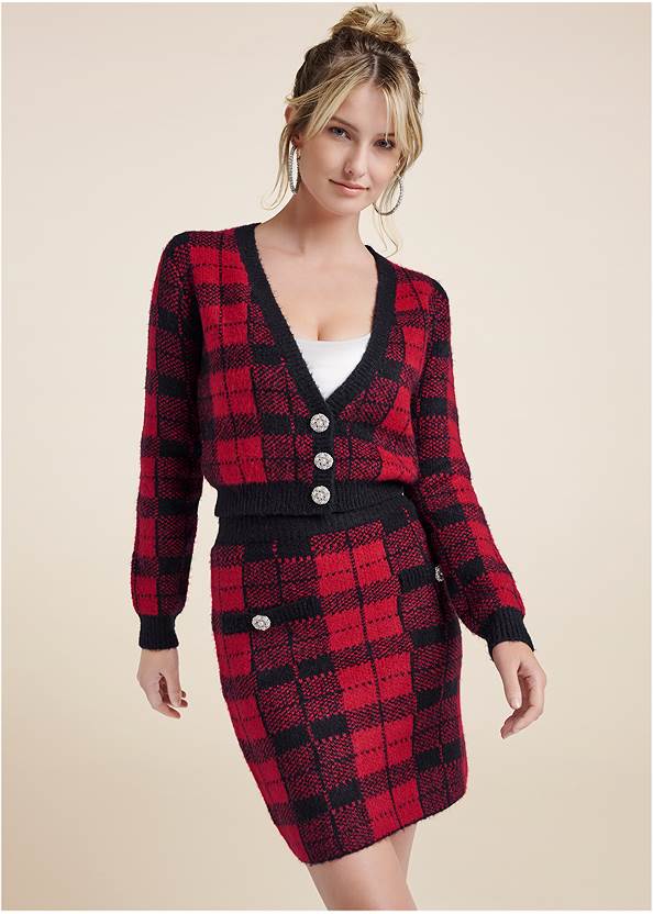 Cropped front view Plaid Sweater And Skirt Set
