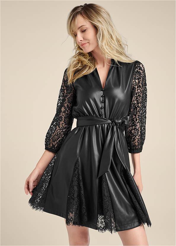 Cropped front view Faux-Leather And Lace Dress