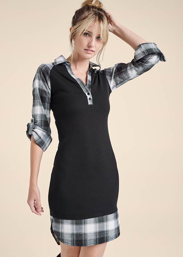 Cropped front view Plaid Detail Henley Dress