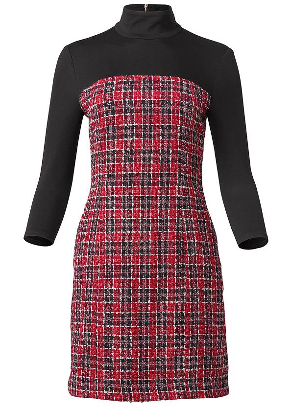 Ghost with background  view Mock-Neck Plaid Tweed Dress