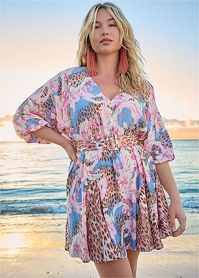 Plus Size Classic Cheetah And Tropical Floral Dress 