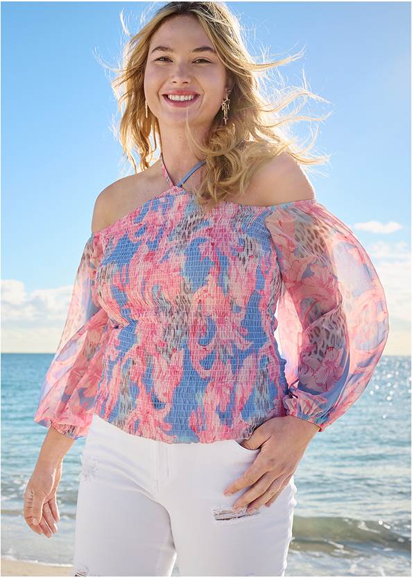 Floral Y-Neck Smocked Top,Triangle Hem Jeans,Lift Jeans,Quilted Lucite Wedges,Beaded Hoop Earrings