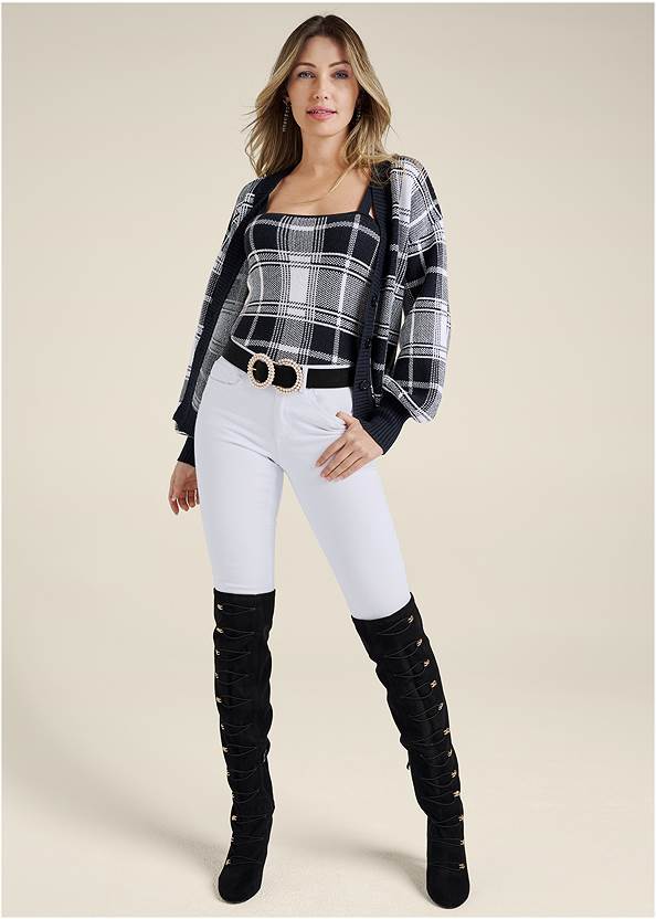 Slim Jeans,Plaid Sweater Set,Off-The-Shoulder Top, Any 2 Tops For $39,Jean Jacket,Lace-Up Heeled Boots,Braided Double Strap Mules,High Heel Strappy Sandals,Mixed Earring Set,Striped Jute Crossbody,Beaded Sparkle Hoop Earring,Pearl Double Buckle Belt