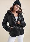 Cropped front view Faux-Leather Puffer With Hood