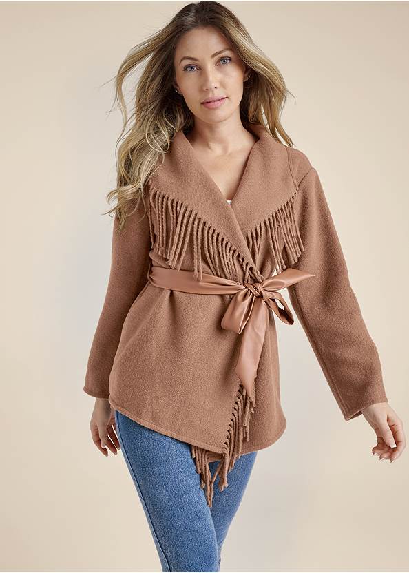 Cropped front view Belted Fringe Lightweight Coat