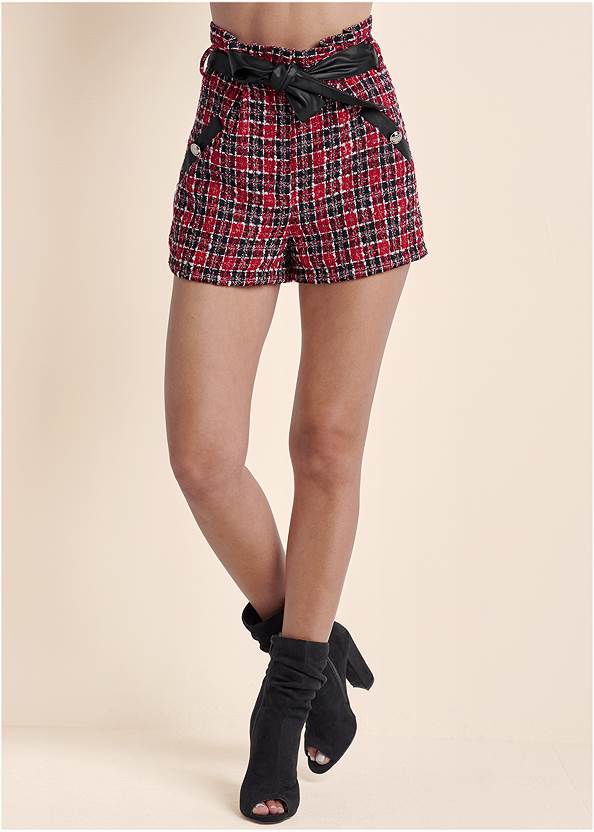 Waist down front view Gathered Tweed Shorts