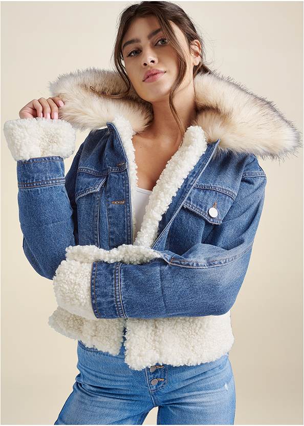Faux-Fur Trim Trucker Jean Jacket,Basic Cami Two Pack,New Vintage Wide Leg Jeans,Sherpa Lace-Up Booties