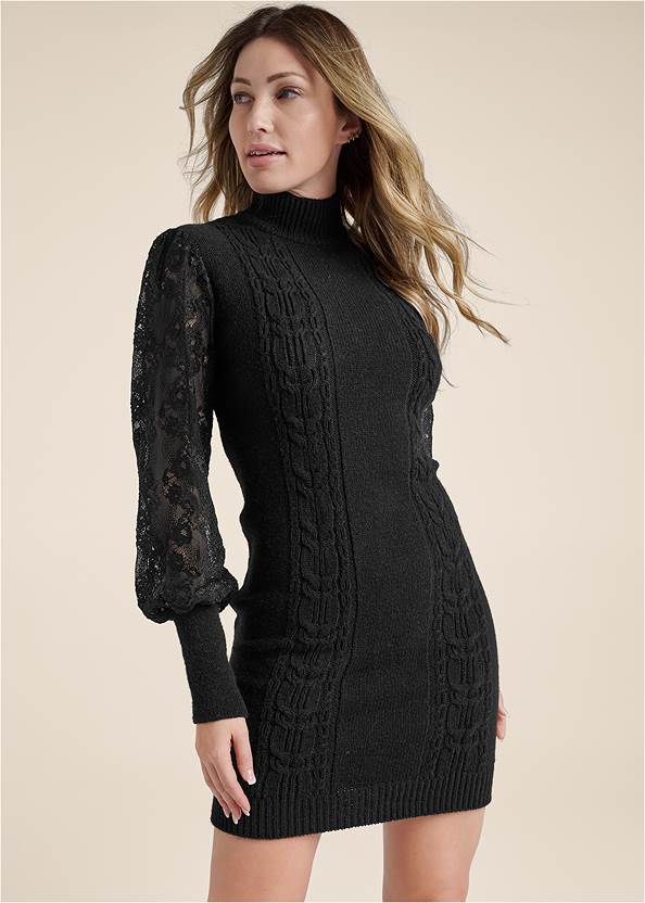 Lace Sleeve Sweater Dress,Buckle Detail Booties,Knotted Slouchy Boots,Hoop Detail Earrings,Quilted Chain Handbag