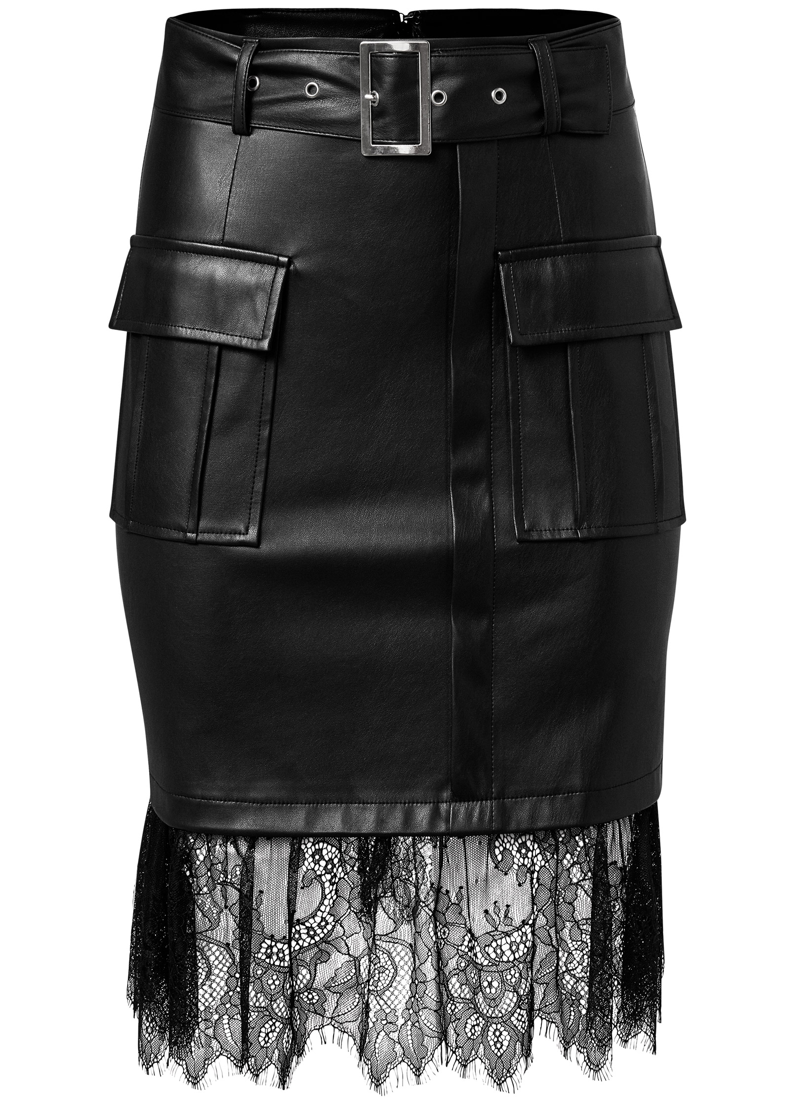 BELTED LACE FAUX LEATHER SKIRT in Black | VENUS