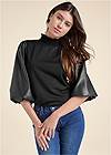 Cropped front view Faux Leather Mock Neck Top