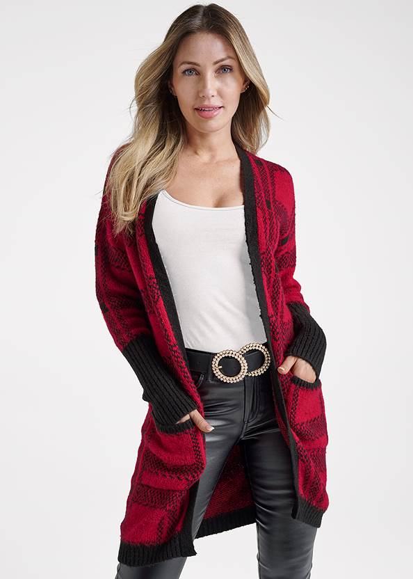 Plaid Cardigan,Basic Cami Two Pack,5-Pocket Faux-Leather Pants,Buckle Detail Booties,Pearl Double Buckle Belt,Clutch Shoulder Bag Combo