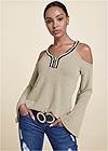 Cropped front view Pearl Trim Bell Sleeve Top